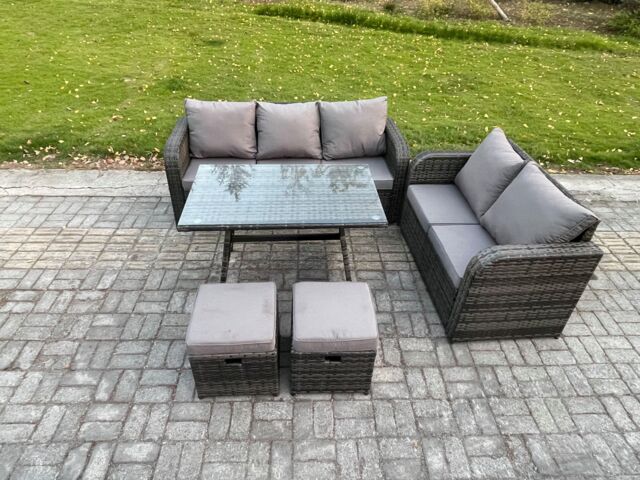 Fimous High Back PE Rattan Sofa Set Outdoor Garden Furniture Dining Table Set Love Sofa 3 Seater Sofa 2 Small Footstool in Dark Grey - image 1