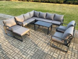 Fimous Aluminium Garden Furniture Set Outdoor Indoor Lounge Corner Sofa 3 Pcs Chair Oblong Coffee Table Sets with Big Footstool Dark Grey - thumbnail 2