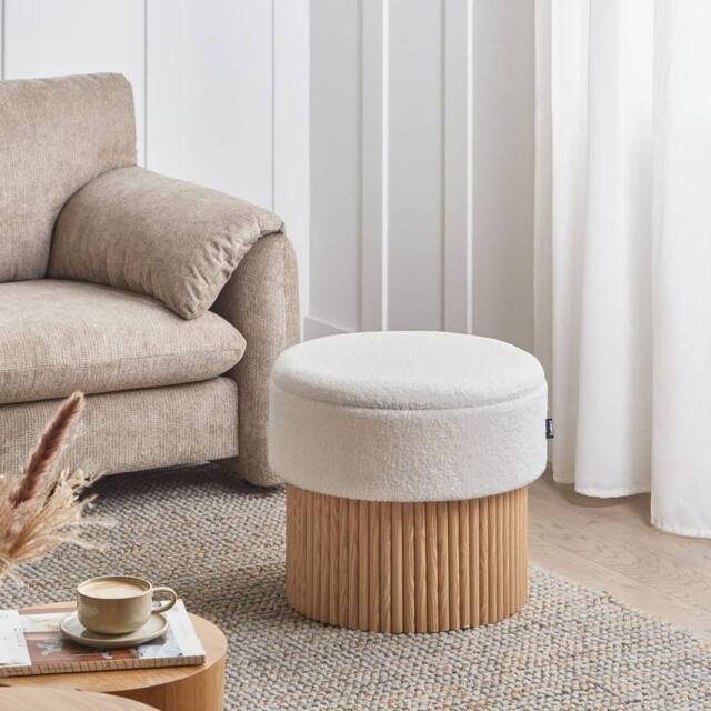 Wyld and Coco Off-White Boucle Storage Pouffe with Light Wood Base in White - image 1