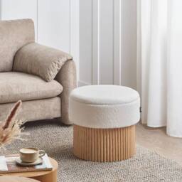 Wyld and Coco Off-White Boucle Storage Pouffe with Light Wood Base in White