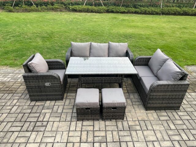 Fimous 8 Seater Rattan Garden Furniture Set with Patio Sofa Rectangular Dining Table 2 Small Footstools Indoor Conservatory Patio Set in Dark Grey - image 1
