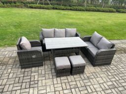 Fimous 8 Seater Rattan Garden Furniture Set with Patio Sofa Rectangular Dining Table 2 Small Footstools Indoor Conservatory Patio Set in Dark Grey - thumbnail 2