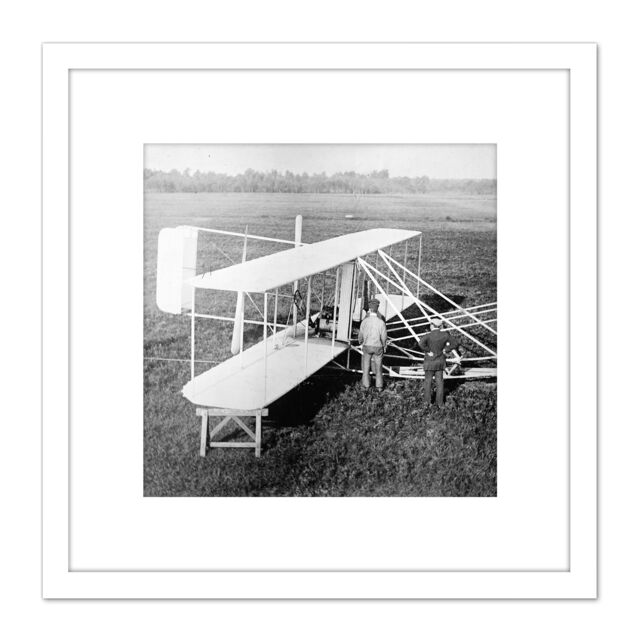 Artery8 Wright Brothers Biplane Machine Old Photo 8X8 Inch Square Wooden Framed Wall Art Print Picture with Mount in White - image 1