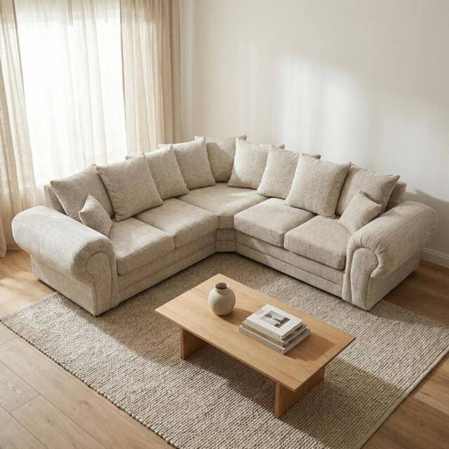 Abakus Direct Verona Chenille Corner Sofa with Deep Seats & Angular Arms in Beige - image 1