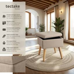 tectake Stool Elva - Padded, Linen Look With Storage Space in Light Sand - thumbnail 2