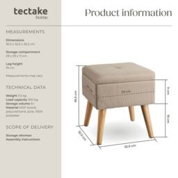 tectake Stool Elva - Padded, Linen Look With Storage Space in Light Sand - thumbnail 6