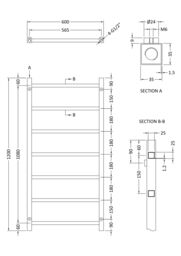 Balterley Heated Vertical Towel Rail with Square Tubes, 1200mm x 600mm - Chrome in Silver - thumbnail 2