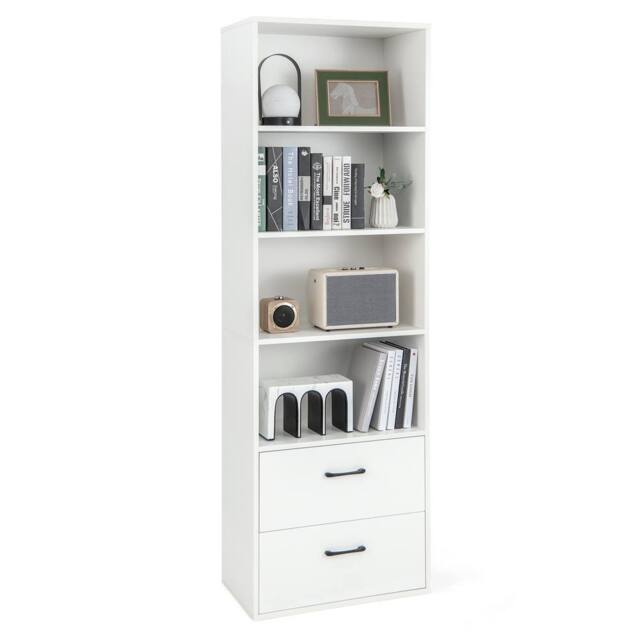 Costway 6-Tier Tall Bookshelf Wood Bookcase Organizer Display Storage Shelf W/ 2 Drawers in White - image 1