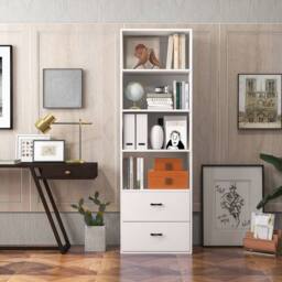 Costway 6-Tier Tall Bookshelf Wood Bookcase Organizer Display Storage Shelf W/ 2 Drawers in White - thumbnail 4