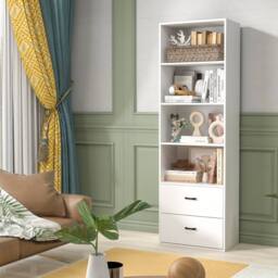 Costway 6-Tier Tall Bookshelf Wood Bookcase Organizer Display Storage Shelf W/ 2 Drawers in White - thumbnail 5