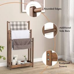 FORGEVIO 3-Tier Wooden Towel Rack 3 Bars Towel Drying Holder Storage Shelf in Brown - thumbnail 3