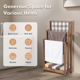 FORGEVIO 3-Tier Wooden Towel Rack 3 Bars Towel Drying Holder Storage Shelf in Brown - thumbnail 4