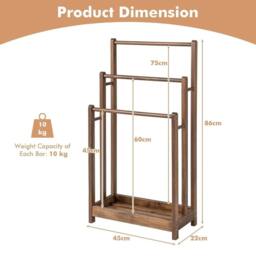 FORGEVIO 3-Tier Wooden Towel Rack 3 Bars Towel Drying Holder Storage Shelf in Brown - thumbnail 2