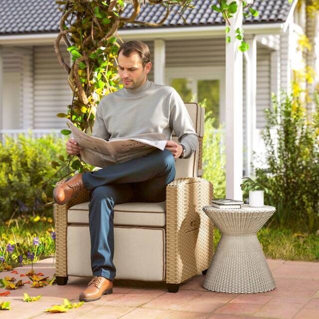 OUTSUNNY Rattan Garden Recliner Sun Lounger w/ Flip Table in Khaki - image 1