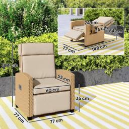 OUTSUNNY Rattan Garden Recliner Sun Lounger w/ Flip Table in Khaki - thumbnail 3