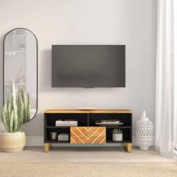 Berkfield Home TV Cabinet Brown & Black 100x33.5x46 cm Solid Wood Mango - thumbnail 2