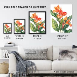 "Artery8 Canna Lily Flower Bright Botanical Painting Framed Art Print in Orange - Size: W12"" x H16""" - thumbnail 3