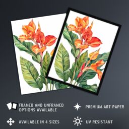 "Artery8 Canna Lily Flower Bright Botanical Painting Framed Art Print in Orange - Size: W12"" x H16""" - thumbnail 2