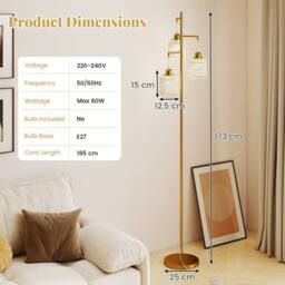 Costway 3-Light Floor Lamp Farmhouse 173CM Standing Tree Lamp w/ Foot Switch in Gold - thumbnail 2