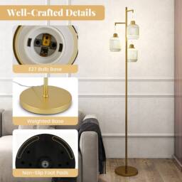 Costway 3-Light Floor Lamp Farmhouse 173CM Standing Tree Lamp w/ Foot Switch in Gold - thumbnail 9