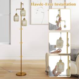 Costway 3-Light Floor Lamp Farmhouse 173CM Standing Tree Lamp w/ Foot Switch in Gold - thumbnail 8