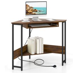 Gymax Corner Desk Workstation With Power Outlets Keyboard Tray Storage Shelf in Brown - thumbnail 6