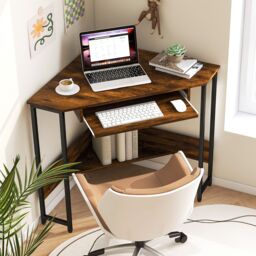 Gymax Corner Desk Workstation With Power Outlets Keyboard Tray Storage Shelf in Brown - thumbnail 3