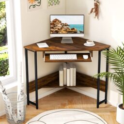 Gymax Corner Desk Workstation With Power Outlets Keyboard Tray Storage Shelf in Brown - thumbnail 5