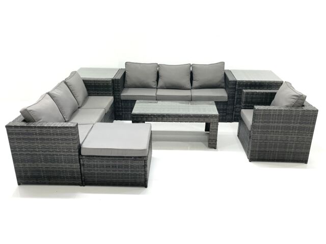 Fimous Rattan Garden Furniture Set Outdoor 8 Seater Patio Conversation Sets with Glass Top Coffee Table 2 Side Tables in Dark Grey - image 1
