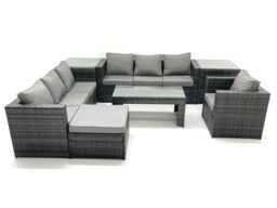 Fimous Rattan Garden Furniture Set Outdoor 8 Seater Patio Conversation Sets with Glass Top Coffee Table 2 Side Tables in Dark Grey - thumbnail 1