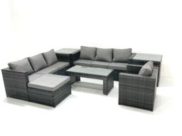 Fimous Rattan Garden Furniture Set Outdoor 8 Seater Patio Conversation Sets with Glass Top Coffee Table 2 Side Tables in Dark Grey - thumbnail 2