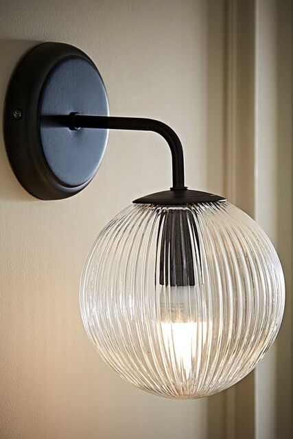 ValueLights Kempton Ribbed Glass Globe Shade Single Arm Wall Light in Black - image 1