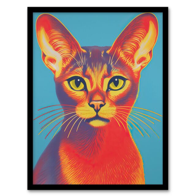 Artery8 Wall Art Print Abyssinian Cat Bold Vibrant Rich Red & Gold On Blue Screen Risograph Artwork Spot Block Colour Retro Riso Interior Design Art - image 1