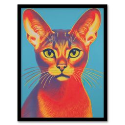 Artery8 Wall Art Print Abyssinian Cat Bold Vibrant Rich Red & Gold On Blue Screen Risograph Artwork Spot Block Colour Retro Riso Interior Design Art - thumbnail 1