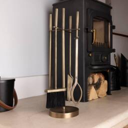 Charles Bentley Chestnut Fireside Companion Set with Stand Poker Shovel Brush Tongs Tool Stand in Gold - thumbnail 1