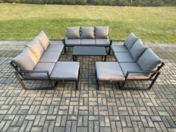 Fimous Aluminium Outdoor Garden Furniture Set Lounge Sofa Oblong Coffee Table 2 PC Big Footstool Sets with Cushions Dark Grey 11 Seater - thumbnail 1