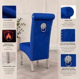 Stratus Interiors Emma Tall Velvet Lion Knocker Dining Chair - Luxury Upholstered Seat in Blue - thumbnail 2