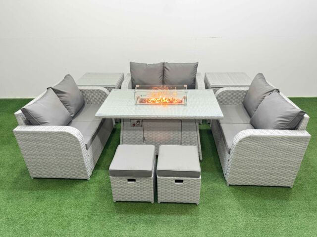 Fimous 8 Seater PE Wicker Rattan Furniture Sofa Sets with Firepit Dining Table 2 Seater Love Sofa 2 Stool 2 Side Table Light Grey - image 1