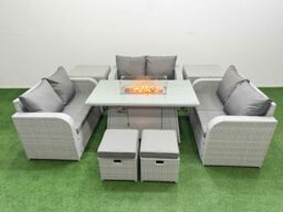 Fimous 8 Seater PE Wicker Rattan Furniture Sofa Sets with Firepit Dining Table 2 Seater Love Sofa 2 Stool 2 Side Table Light Grey - thumbnail 1