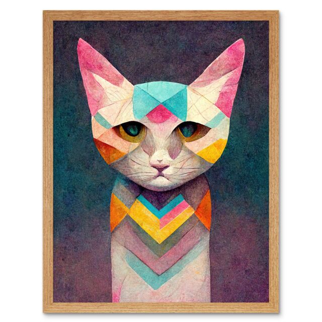 "Artery8 Wall Art Print Geometric Colourful Multicoloured Pastel Cat Painting Art Framed in Light Oak - Size: W12"" x H16""" - image 1