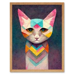"Artery8 Wall Art Print Geometric Colourful Multicoloured Pastel Cat Painting Art Framed in Light Oak - Size: W12"" x H16""" - thumbnail 1