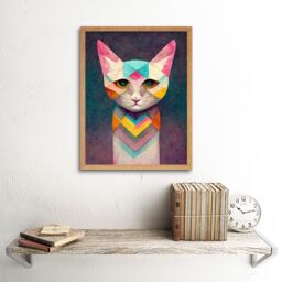 "Artery8 Wall Art Print Geometric Colourful Multicoloured Pastel Cat Painting Art Framed in Light Oak - Size: W12"" x H16""" - thumbnail 2