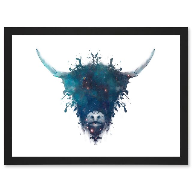 Artery8 Graphic Ink Splat Highland Cow Coo Scotland A4 Artwork Framed Wall Art Print in Black - image 1