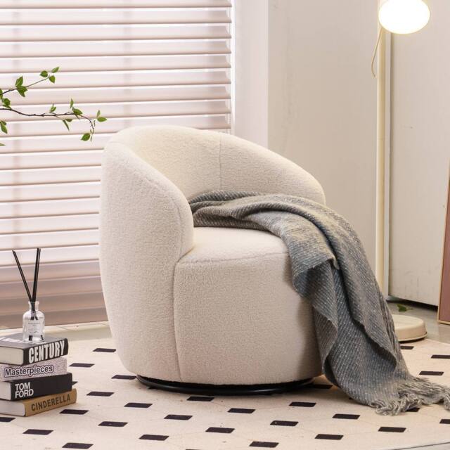 Matteo Teddy Fabric Swivel Accent Armchair - Barrel Design - Ivory White