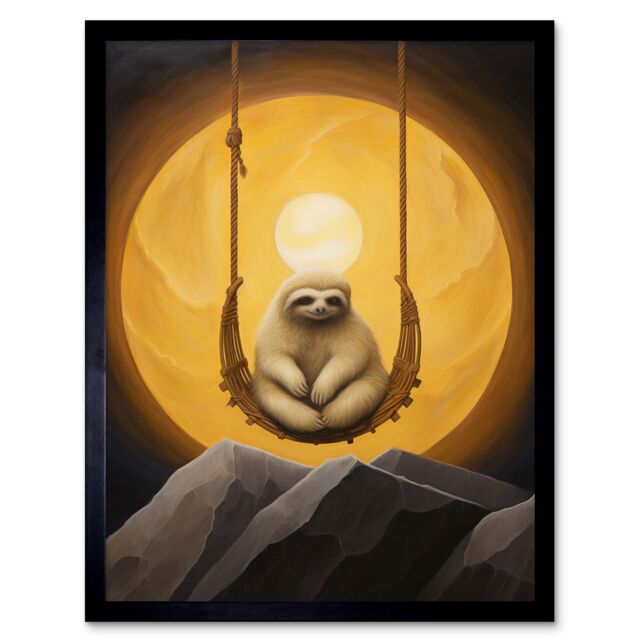 "Artery8 Wall Art Print The Lazy Overlord Sloth at Full Moon Abstract Surrealist Painting Art Framed in Black - Size: W12"" x H16""" - image 1