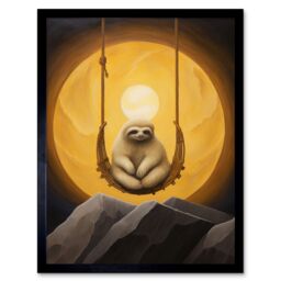 "Artery8 Wall Art Print The Lazy Overlord Sloth at Full Moon Abstract Surrealist Painting Art Framed in Black - Size: W12"" x H16""" - thumbnail 1
