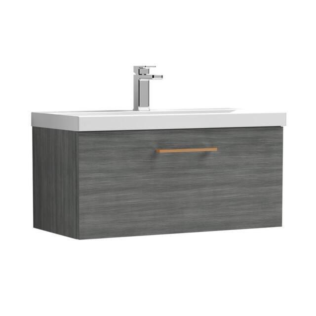 Balterley 800mm Wall Hung 1 Drawer Vanity, Woodgrain Anthracite, Copper Handle in Grey - image 1