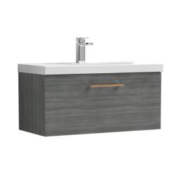 Balterley 800mm Wall Hung 1 Drawer Vanity, Woodgrain Anthracite, Copper Handle in Grey - thumbnail 1