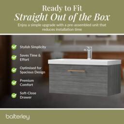 Balterley 800mm Wall Hung 1 Drawer Vanity, Woodgrain Anthracite, Copper Handle in Grey - thumbnail 4
