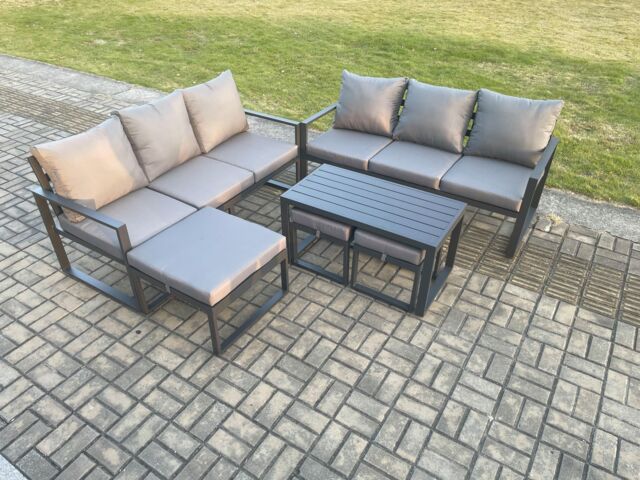 Fimous Aluminium Patio Outdoor Garden Furniture Lounge Sofa Set with Oblong Coffee Table 3 Footstools Dark Grey - image 1